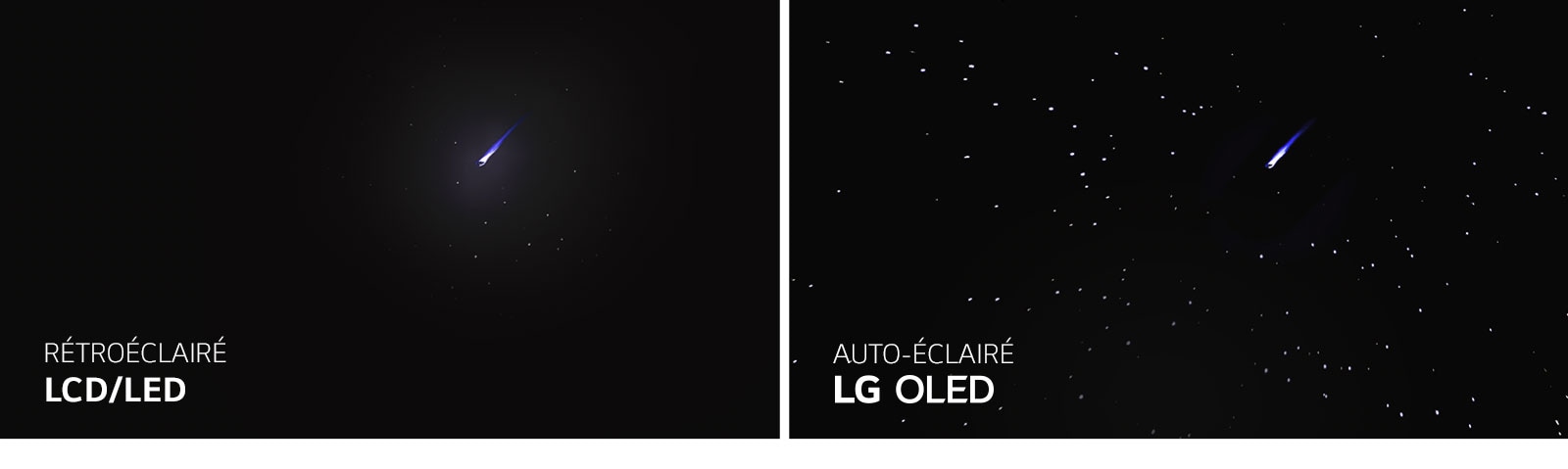 Simulation côte à côte d’un téléviseur LED/LCD et d’un téléviseur LG OLED montrant un ciel rempli d’étoiles la nuit pour comparer la reproductibilité du noir parfait 