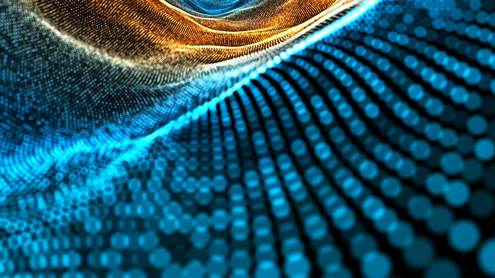 On peut voir une vague numérique abstraite transparente de couleur bleue et dorée avec de petites particules fluides qui effectuent un mouvement de danse sur un fond abstrait de vagues et de lumière.