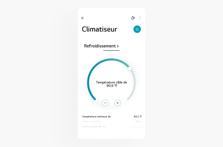 L’image montre l’écran d’un climatiseur dans l’application LG ThinQ
