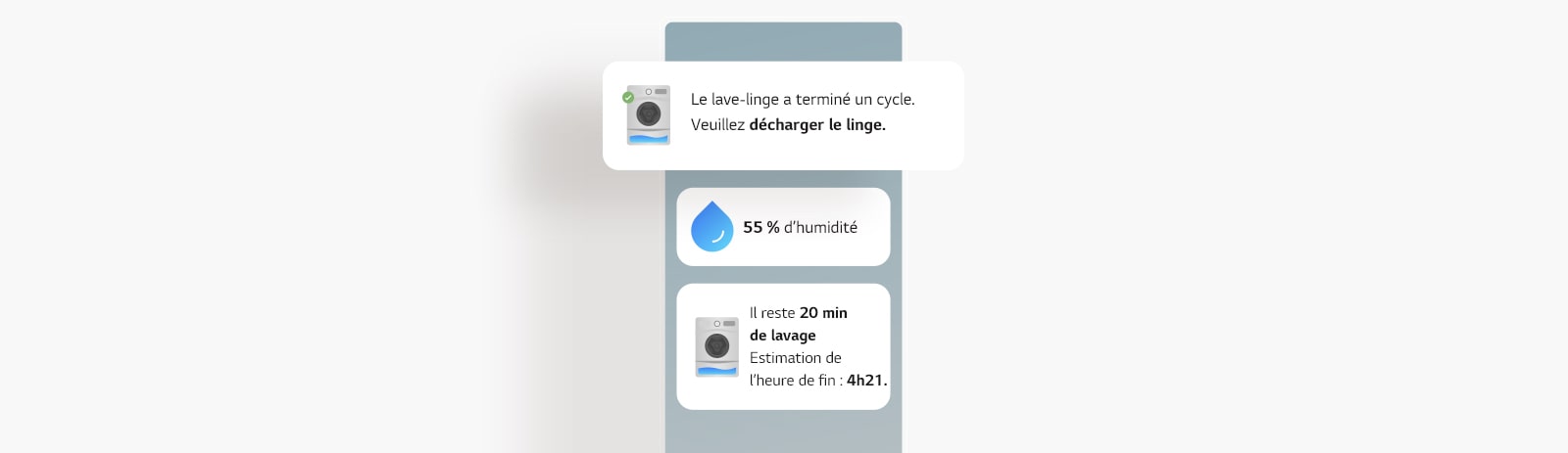 L’image montre un écran affichant les mises à jour de l’avancée du lavage dans l’application LG ThinQ.