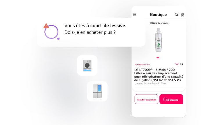 L’image montre l’écran de l’application LG ThinQ affichant diverses notifications afin de réapprovisionner votre logement.