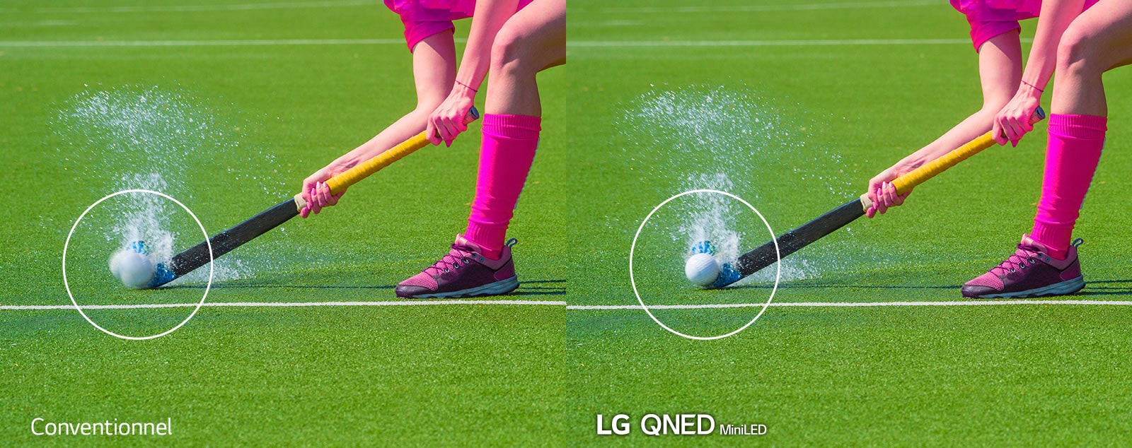 Deux images identiques d’un joueur de hockey sur gazon frappant la balle sur un terrain détrempé. L’image de gauche montre la vue que diffuserait un téléviseur LCD conventionnel et l’image de droite montre l’image diffusée sur le MiniLED QNED de LG.