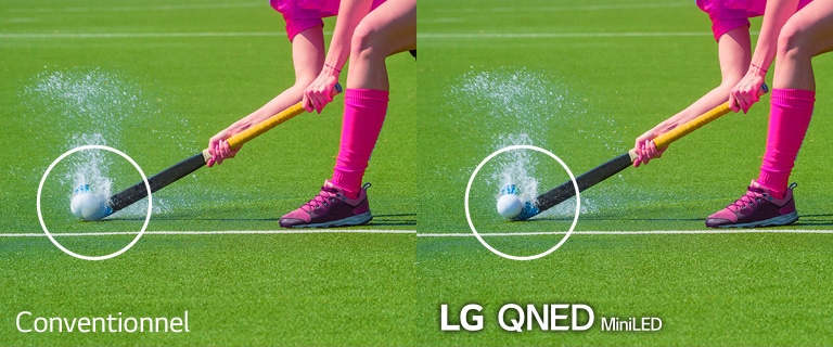 Deux images identiques d’un joueur de hockey sur gazon frappant la balle sur un terrain détrempé. L’image de gauche montre la vue que diffuserait un téléviseur LCD conventionnel et l’image de droite montre l’image diffusée sur le MiniLED QNED de LG.