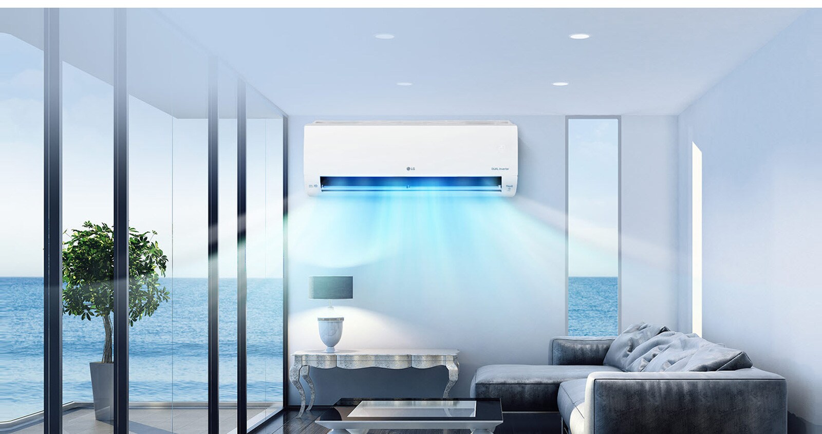 Le climatiseur est au centre de l’image, et un vent bleu souffle sur le salon qui se trouve devant lui.