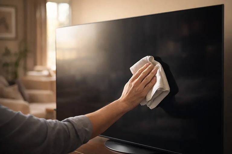 Nettoyer écran TV LG avec chiffon microfibre — geste doux et circulaire recommandé par LG Algérie.