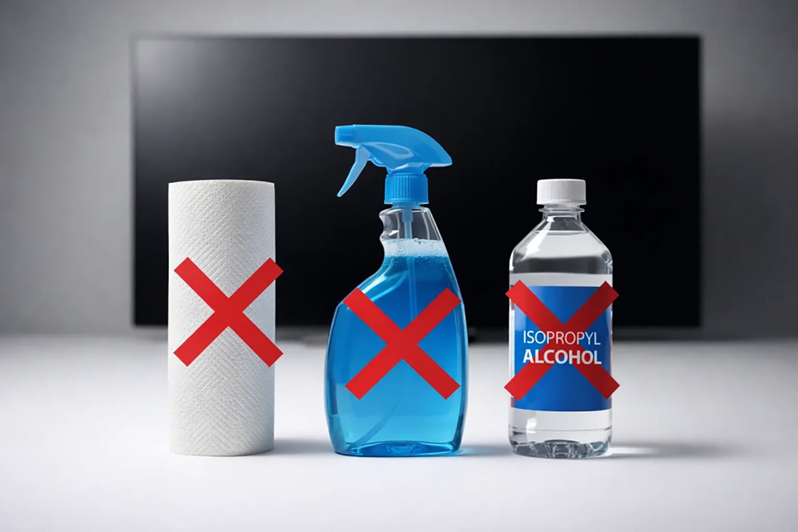 Produits à éviter pour nettoyer écran TV — papier, alcool et spray vitres déconseillés par LG.