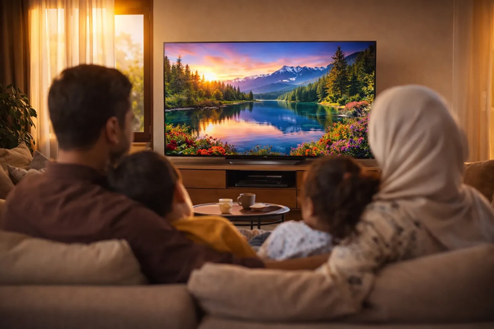 Image nette et lumineuse d'une TV LG dans un salon moderne.