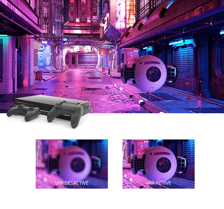 Une rue aux éclairages roses avec un engin robotique futuriste et une console de jeu en haut de l’image. Ci-dessous figurent deux gros plans de l’engin robotique, celui de gauche étant flou avec la mention VRR désactivé et celui de droite étant net et présentant l’image avec VRR.