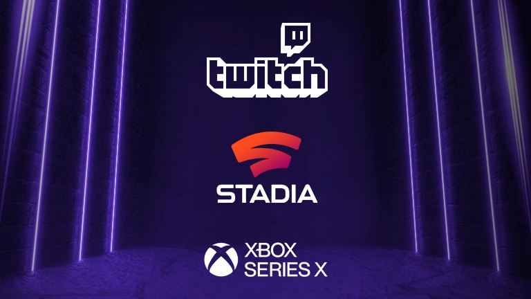 Les icônes Xbox, Google Stadia et Twitch sur un arrière plan violet.