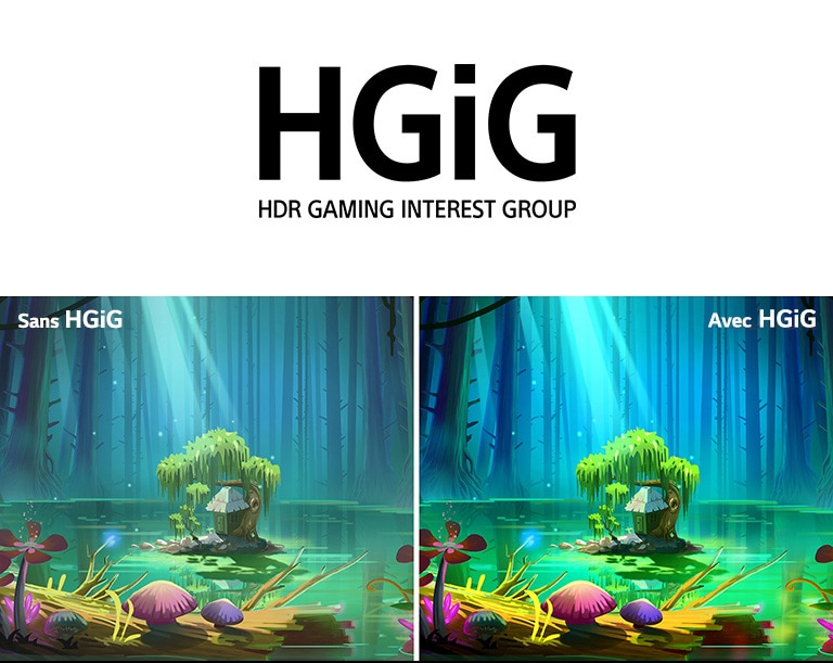 Une image animée d’une petite maison et d’un arbre, sur un petit terrain au milieu d’une mare entourée de grands arbres sans feuilles, accompagnée du texte « avec HGiG » en haut à droite, l’image est plus lumineuse et de meilleure qualité que celle sans HGiG.