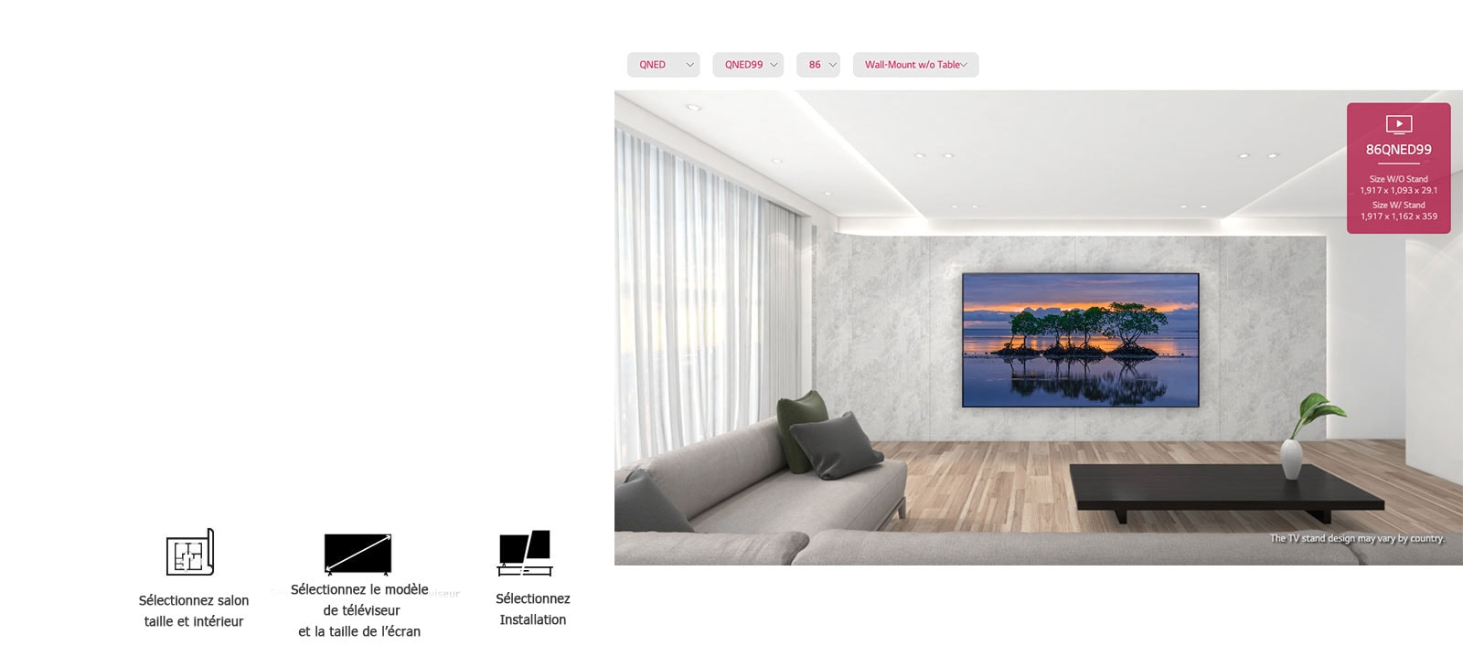 Un grand téléviseur à écran plat fixé sur un mur gris entouré de meubles gris et noirs modernes. L’écran montre une scène de trois arbres qui se reflètent dans l’eau lors d’un coucher de soleil.