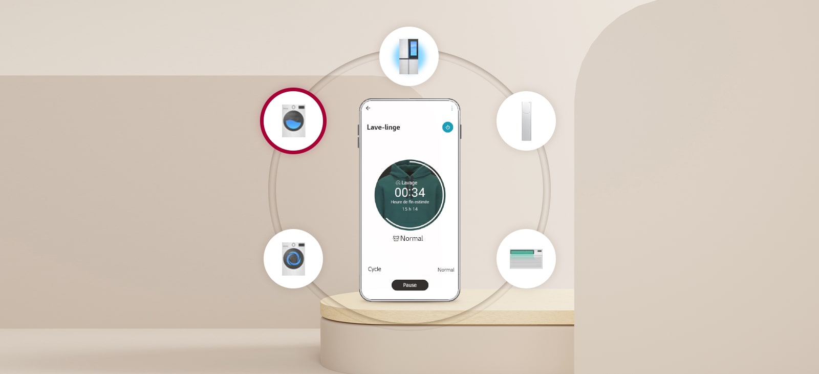 Un téléphone portable est posé sur un plancher rond dans un fond beige et une image d’appareils ménagers est représentée dans six cercles ronds avec le téléphone portable au centre.