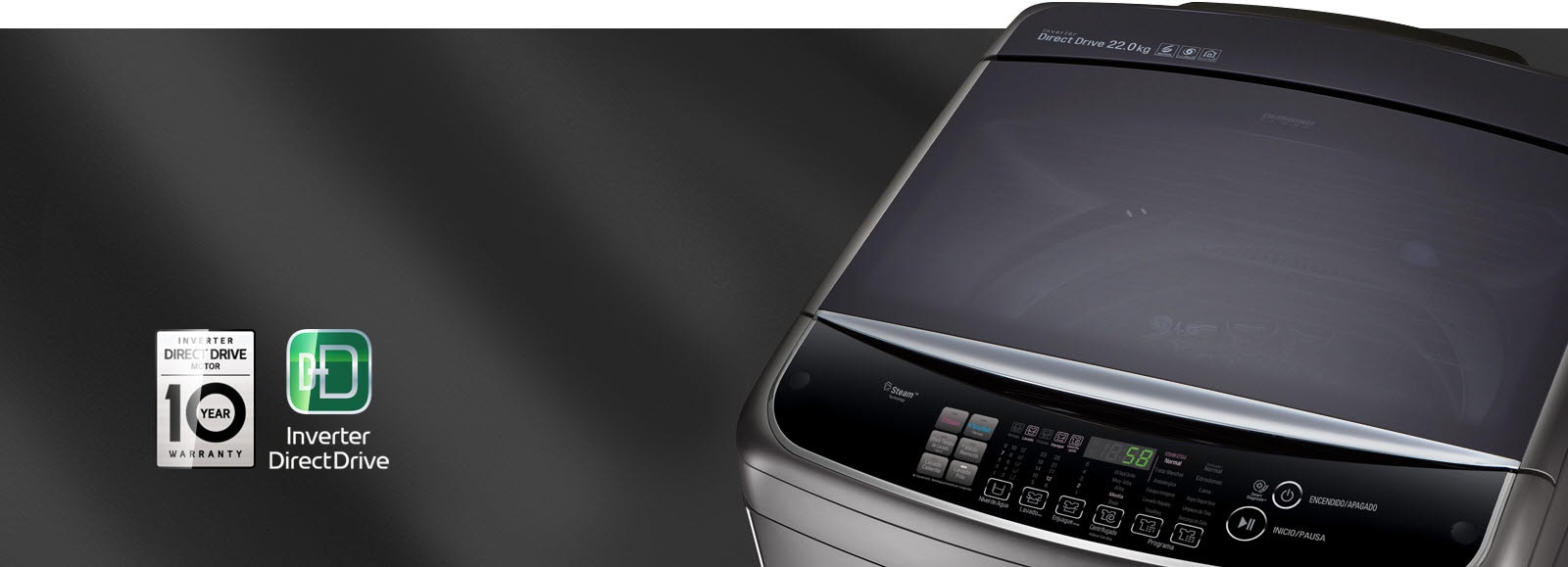 Vue du dessus du lave-linge avec un panneau de commande et à ses côtés le logo de garantie 10 ans et le logo d’Inverter DirectDrive. Les logos sont baignés d’une fine lumière qui les fait briller.