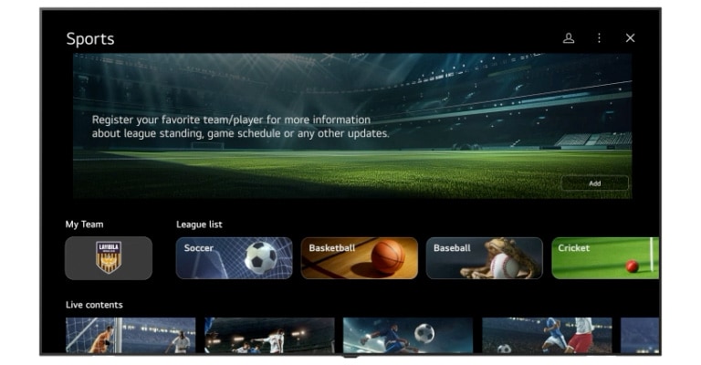 Écran des paramètres de LG TV montrant l’interface de Sports Portal. La section « Mon équipe » s’agrandit et rétrécie de manière dynamique, suivie d’un défilement fluide vers le bas à travers divers canaux, événements sportifs et contenus.	