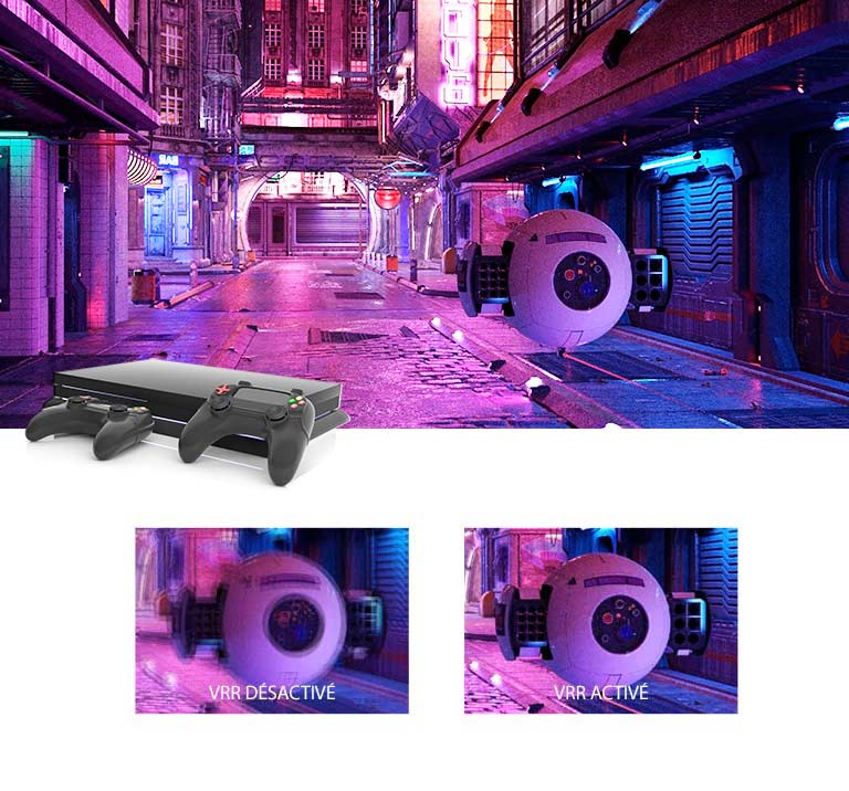 Une rue aux éclairages roses avec un engin robotique futuriste et une console de jeu en haut de l’image. Ci-dessous figurent deux gros plans de l’engin robotique, celui de gauche étant flou avec la mention VRR désactivé et celui de droite étant net et présentant l’image avec VRR.