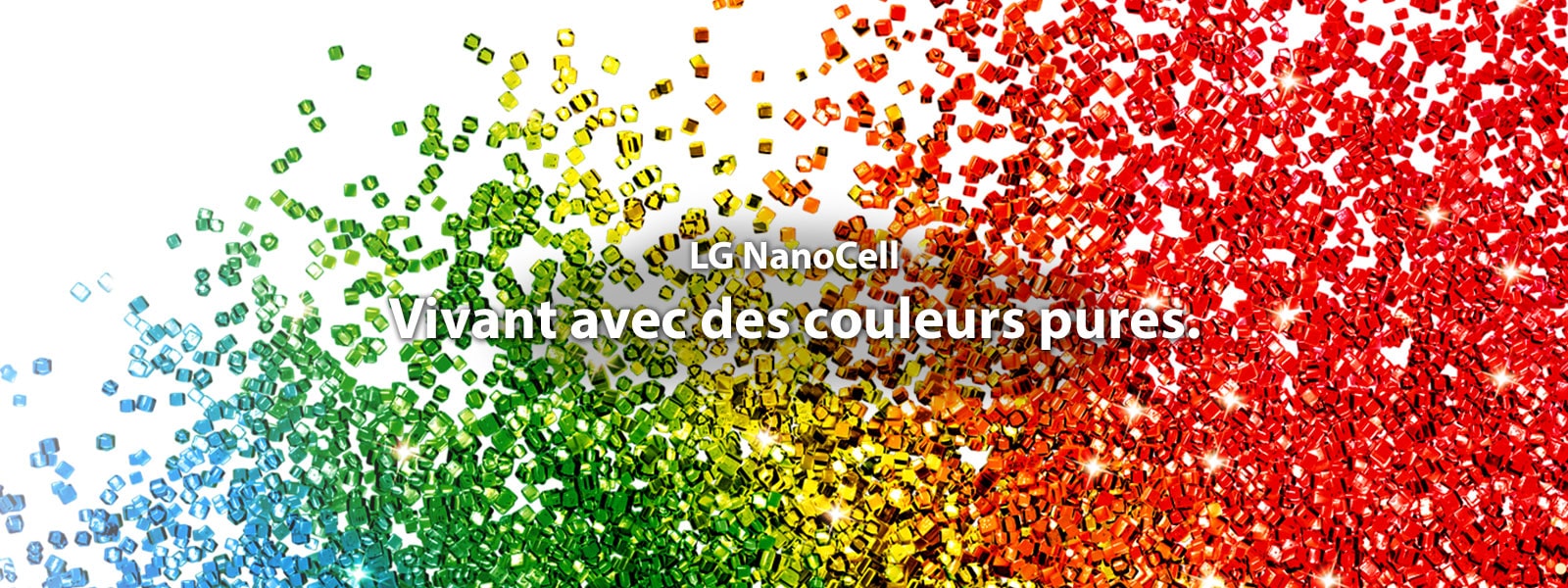 Un écran rempli de particules de couleurs vibrantes projetées sur un arrière-plan blanc.