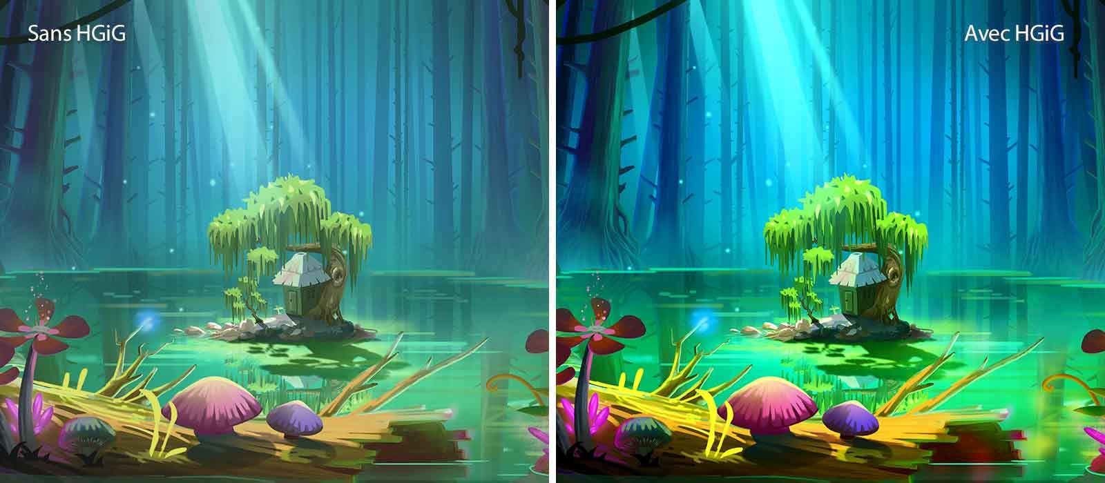 Une image animée d’une petite maison et d’un arbre, sur un petit terrain au milieu d’une mare entourée de grands arbres sans feuilles, accompagné du texte « avec HGiG » en haut à droite, l’image est plus lumineuse et de meilleure qualité que celle sans HGiG.