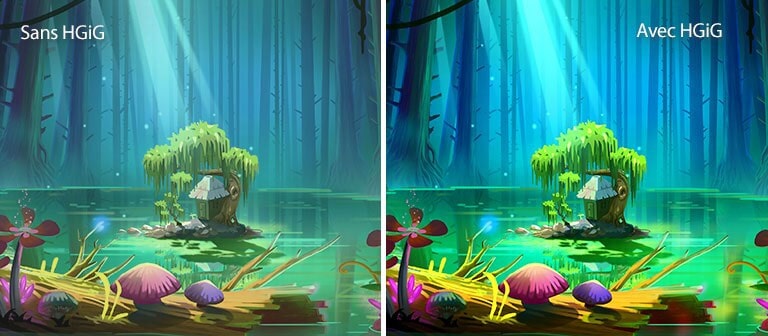 Une image animée d’une petite maison et d’un arbre, sur un petit terrain au milieu d’une mare entourée de grands arbres sans feuilles, accompagné du texte « avec HGiG » en haut à droite, l’image est plus lumineuse et de meilleure qualité que celle sans HGiG.