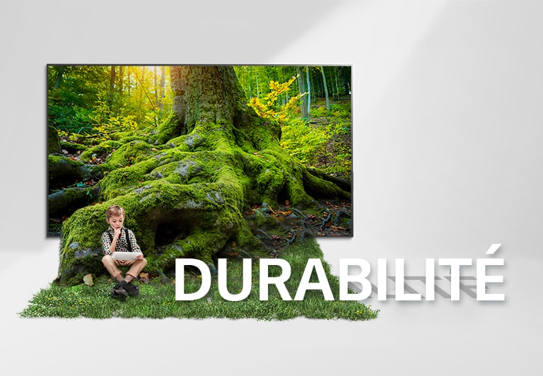 La racine d’un arbre géant sort d’un écran de téléviseur et couvre le sol d’herbe. Un enfant est assis dans l’herbe.