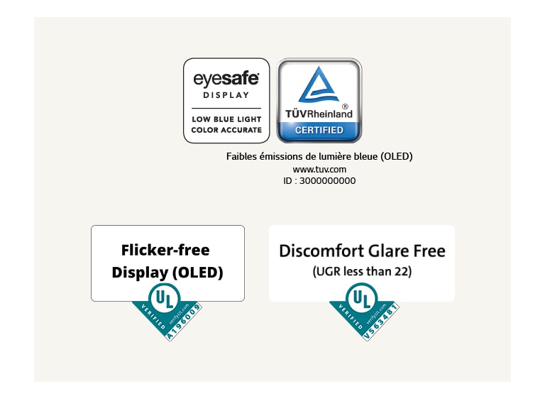 Logo de certification par Eyesafe® et TÜV Rheinland comme écran à faible émission de lumière bleue. Logo de certification par Underwriter Laboratories comme écran sans scintillement.  Logo de certification par Underwriter Laboratories comme écran sans éblouissement.