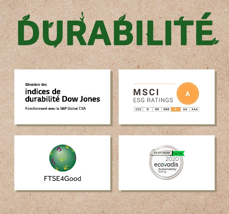 Un logo de Dow Jones Sustainability Indices (Indices de durabilité Dow Jones). Un logo de FTSE4Good. Un logo d’Ecovadis Sustainability Rating (Note de durabilité d’Ecovadis). Un logo de MSCI ESG Ratings (Notes MSCI ESG).