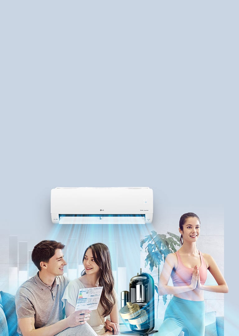Un climatiseur LG est en haut de l’image avec des lignes bleues qui imitent l’air frais. Juste devant le climatiseur on voit une image d’un LG Dual Inverter Compressor Une femme se tient dans le courant d’air frais souriant et faisant du yoga. Au premier plan on voit un homme et une femme se souriant tandis qu’ils tiennent le tableau de consommation énergétique LG.