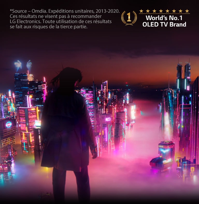 Une femme regarde un panorama urbain éclairé de néons colorés durant la nuit. Le texte « ILLUMINEZ VOTRE UNIVERS LES PiXELS AUTO ÉCLAIRÉS ONT ÉVOLUÉS » est situé sur la droite d’une femme dans l’image. Un bouton EN SAVOIR PLUS est situé en bas au centre. Le logo « La marque de téléviseur OLED n°1 au monde » est situé en bas à droite.