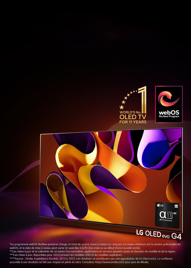 LG OLED evo TV G4 avec une œuvre d’art abstraite colorée à l’écran, sur un fond noir avec des tourbillons de couleurs subtils. De la lumière rayonne de l’écran et projette des ombres colorées. Le processeur alpha 11 AI 4K se trouve dans le coin inférieur droit de l’écran du téléviseur. L’emblème « World’s number 1 OLED TV for 11 Years » (TV OLED numéro 1 au monde depuis 11 ans) et le logo « webOS Re:New Program » figurent sur l’image. Un avis de non-responsabilité stipule ce qui suit : « Le programme webOS Re:New prend en charge un total de quatre mises à niveau sur cinq ans. Le niveau minimum est la version préinstallée du webOS, et la date de mise à niveau peut varier et avoir lieu à la fin d’un mois ou au début d’une nouvelle année. »  « Les mises à jour et le calendrier de certaines fonctionnalités, applications et services peuvent varier en fonction du modèle et de la région ».  « Les mises à jour disponibles pour 2023 incluent les modèles UHD et les modèles supérieurs ». « Source : Omdia. Expéditions d’unités, 2013 à 2023. Les résultats ne constituent pas une approbation de LG Electronics. La confiance accordée à ces résultats se fait aux risques et périls du tiers. Consultez https://www.omdia.com/ pour plus de détails ».