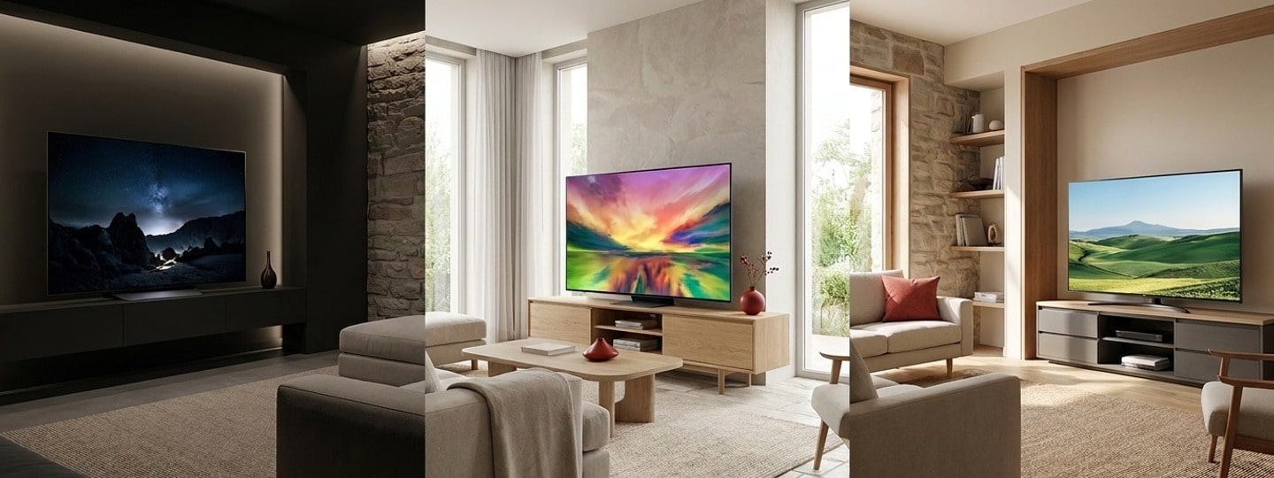 Comparaison de téléviseurs LG OLED, QNED et NanoCell dans des environnements adaptés à différents usages.