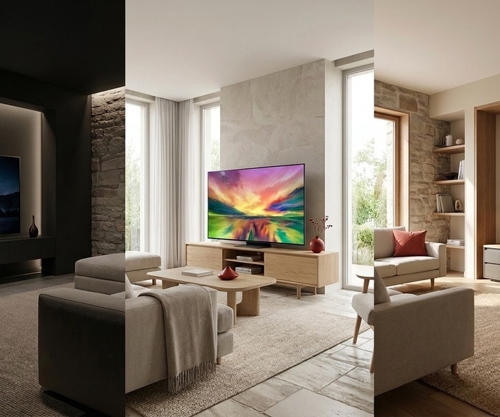 Comparaison de téléviseurs LG OLED, QNED et NanoCell dans des environnements adaptés à différents usages.