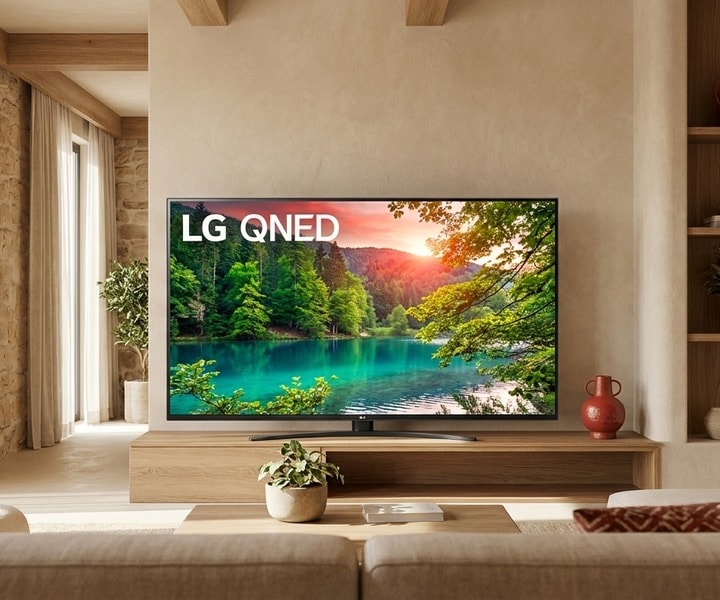Téléviseur LG QNED affichant une image colorée dans un salon lumineux pour un usage quotidien.