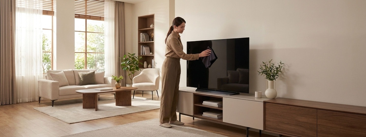 Entretien d’un téléviseur LG éteint à l’aide d’un chiffon microfibre propre et sec.