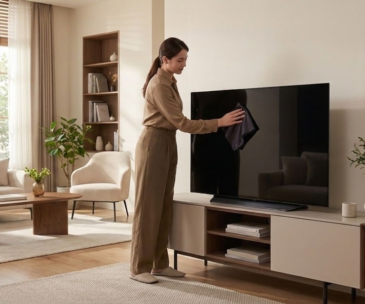 Entretien d’un téléviseur LG éteint à l’aide d’un chiffon microfibre propre et sec.