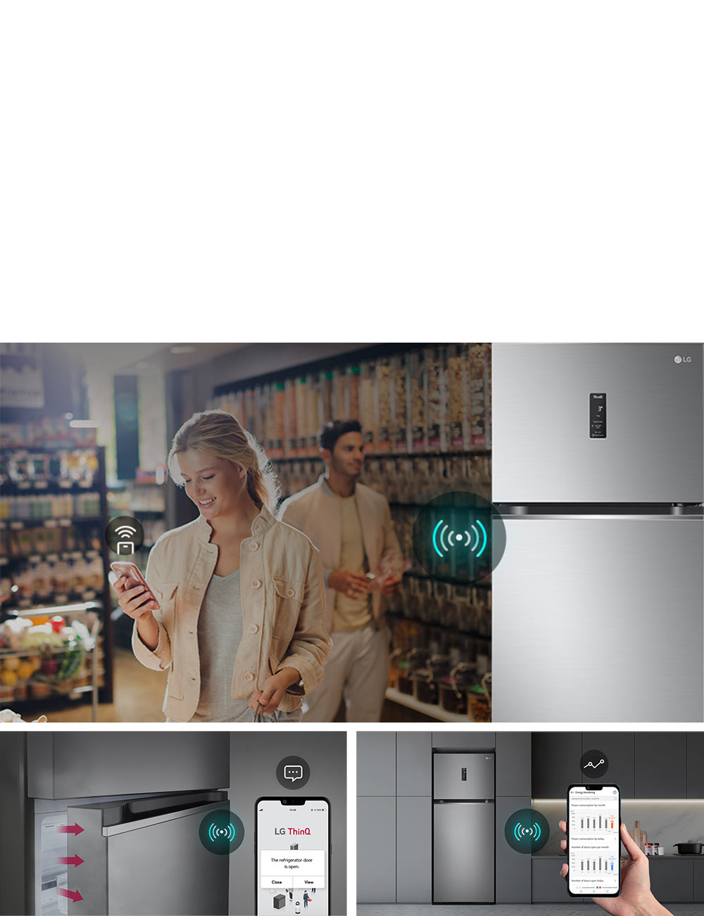 Cette image est une combinaison d’images décrivant trois fonctions différentes. Elle combine des images de la télécommande via des appareils compatibles WiFi, des alertes intelligentes via l’application pour smartphone lorsque la porte du réfrigérateur est ouverte et des images de l’état du réfrigérateur surveillées via l’application pour smartphone.