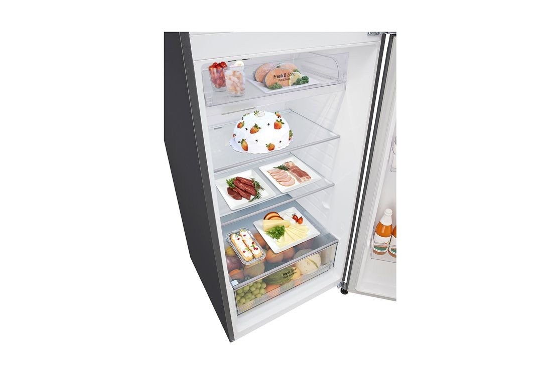 LG 2 Portes | 459L | No Frost | HygieneFresh+™ | Affichage Externe, top freezer opened with spaceplus ice system attached and food stored, GN-F452PFBK, thumbnail 5