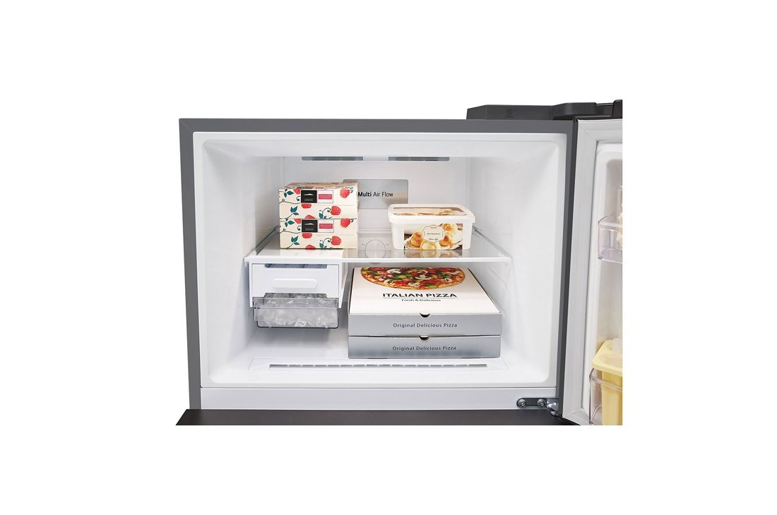 LG 2 Portes | 459L | No Frost | HygieneFresh+™ | Affichage Externe, top perspective open view with food stored, GN-F452PFBK, thumbnail 14