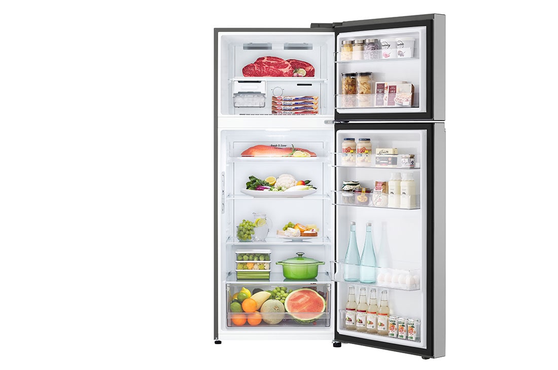 LG 2 portes | 395L | Réfrigérateur avec compartiment congélateur supérieur | Smart Inverter Compressor | LinearCooling™ | DoorCooling+™, open front with food, GN-B392PFFB, thumbnail 3