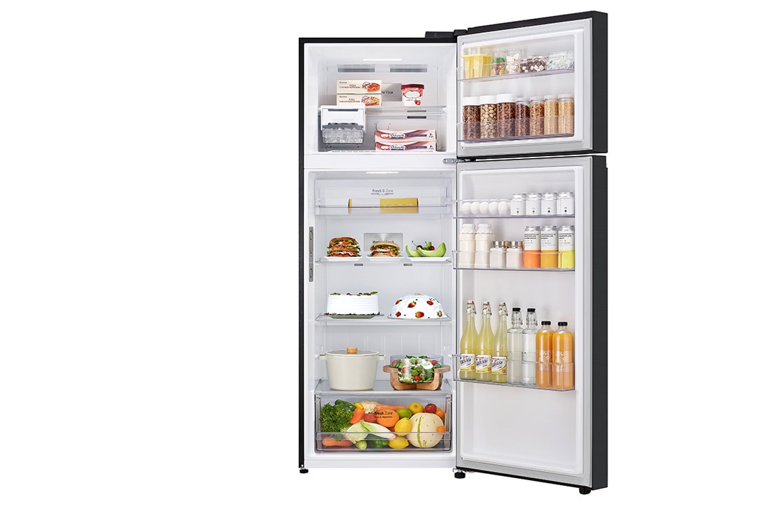 LG Réfrigérateur congélateur supérieur 493&nbsp;L en Essence Noir mat, Vue de face porte ouverte avec des aliments stockés, GJ-B452PQBK, thumbnail 2