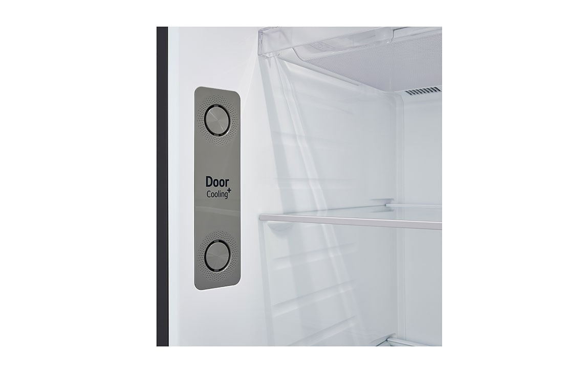 LG Réfrigérateur congélateur supérieur 493&nbsp;L en Essence Noir mat, Un réfrigérateur LG avec des portes ouvertes dans une cuisine moderne, mettant en valeur une grande capacité de rangement intérieure., GJ-B452PQBK, thumbnail 7