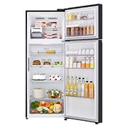 LG Réfrigérateur congélateur supérieur 493&nbsp;L en Essence Noir mat, Vue de face porte ouverte avec des aliments stockés, GJ-B452PQBK, thumbnail 2
