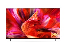 QNED95 montant une image en gros plan de pétales brillants dans des nuances rouges et le logo 8K à l’écran.