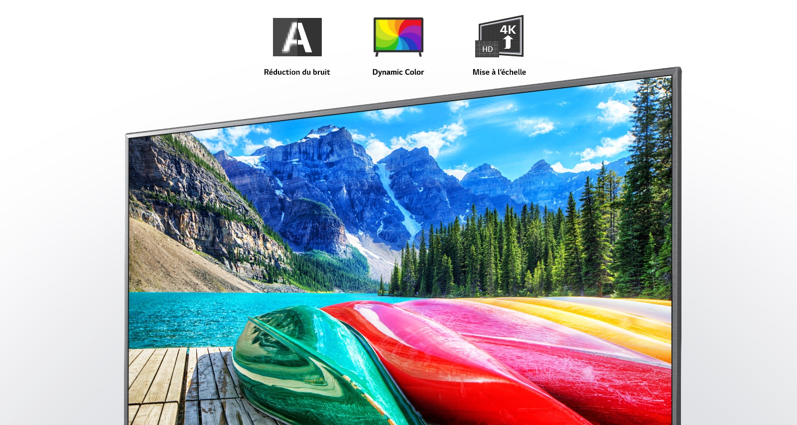 Icones des fonctions Réduction du bruit, Dynamic color et Mise à l’échelle, et écran de télévision présentant une vue panoramique des montagnes, de la forêt et d’un lac.