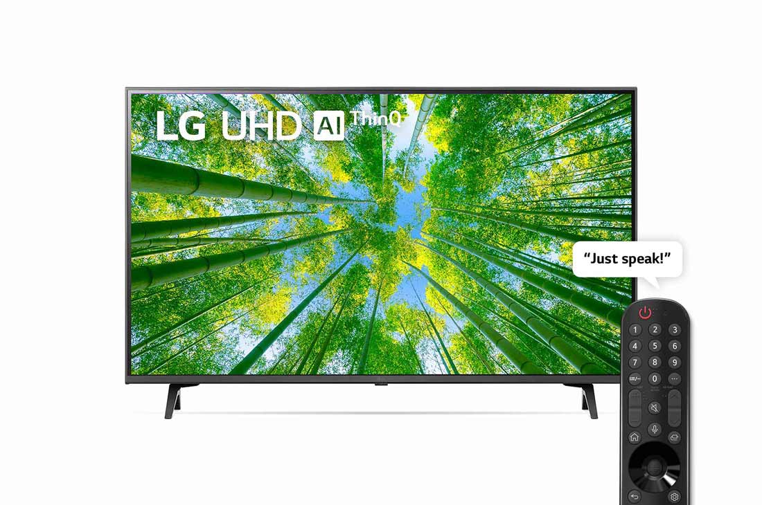 LG UHD Smart TV Resolution 4K 43 pouces, Vue avant du téléviseur UHD de LG avec image de remplissage et logo du produit, 43UQ80006LD