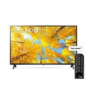 LG UHD UQ75 TV | 43 pouces | 4 K Processeur IA a5 Gen5 | ThinQ AI | Télécommande magique | HDR | webOS, Vue avant du téléviseur UHD de LG avec image de remplissage et logo du produit, 43UQ75006LG, thumbnail 1