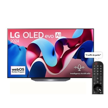Vue avant avec LG OLED evo TV, OLED CS4, emblème TV OLED N° 1 mondial depuis 11 ans et logo du programme webOS Re:New à l’écran1
