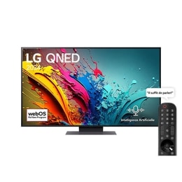 Vue avant d’un téléviseur LG QNED, QNED85 avec le texte LG QNED, 2024 et le logo webOS Re:New Program à l’écran2