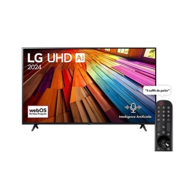 Vue avant d’un téléviseur LG UHD, UT80 avec le texte LG UHD AI ThinQ, 2024 et le logo webOS Re:New Program à l’écran1