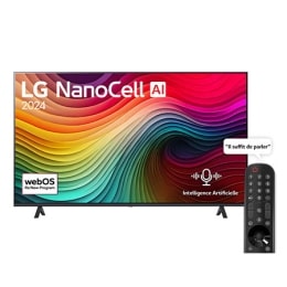 Vue de face du téléviseur LG NanoCell, NANO80 avec le texte LG NanoCell, 2024, et le logo webOS Re:New Program à l'écran2