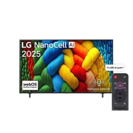 Vue avant de la TV NanoCell, logo LG NanoCell Al dans le coin supérieur. La TV LG NanoCell NANO80 représente des textures colorées semblables à de la peinture, réunies.2