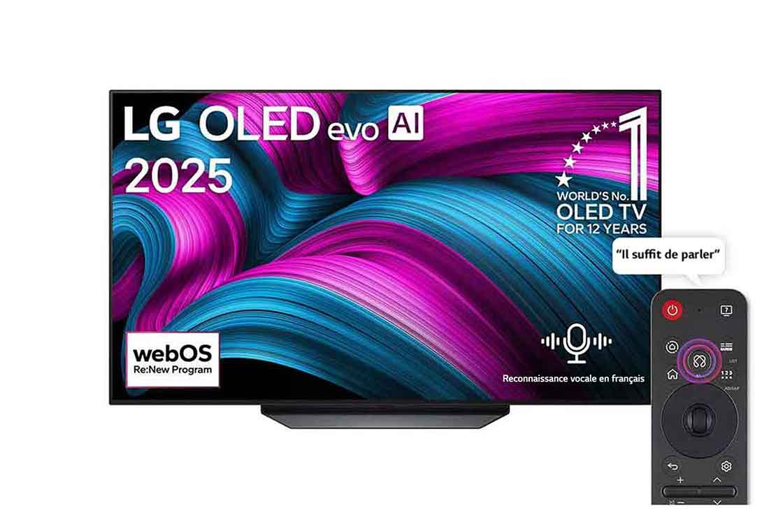 LG Smart TV LG OLED AI CS5 4K 55 pouces 120 Hz Télécommande AI Magic Remote webOS25 2025 , Vue avant de la Smart TV LG OLED evo AI CS5 4K. L’emblème OLED numéro 1 dans le monde pendant 12 ans et le logo LG OLED evo AI 2025 sont à l’écran., OLED55CS5VA